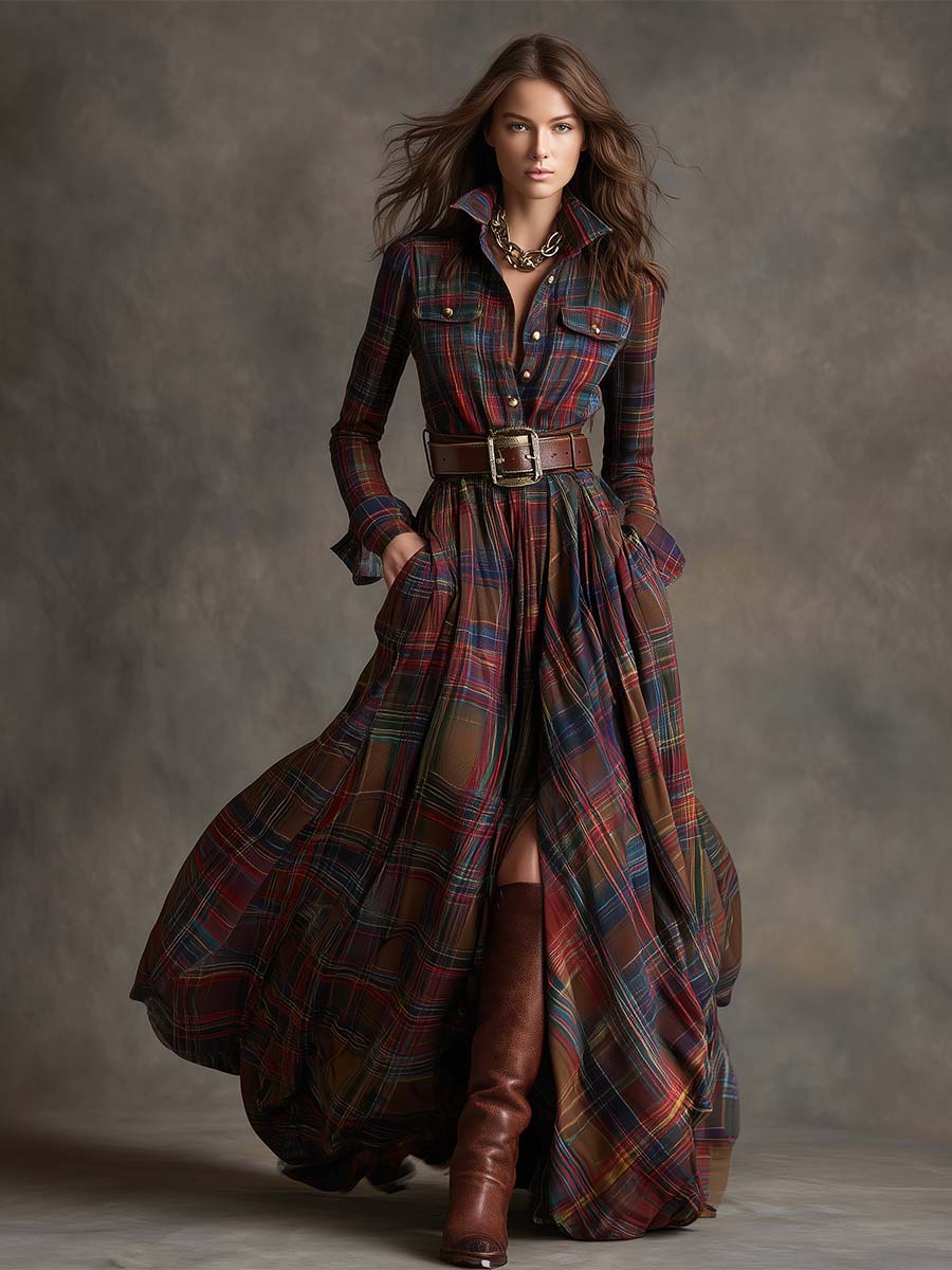 Genevieve | Highland Plaid Belted Maxi Dress