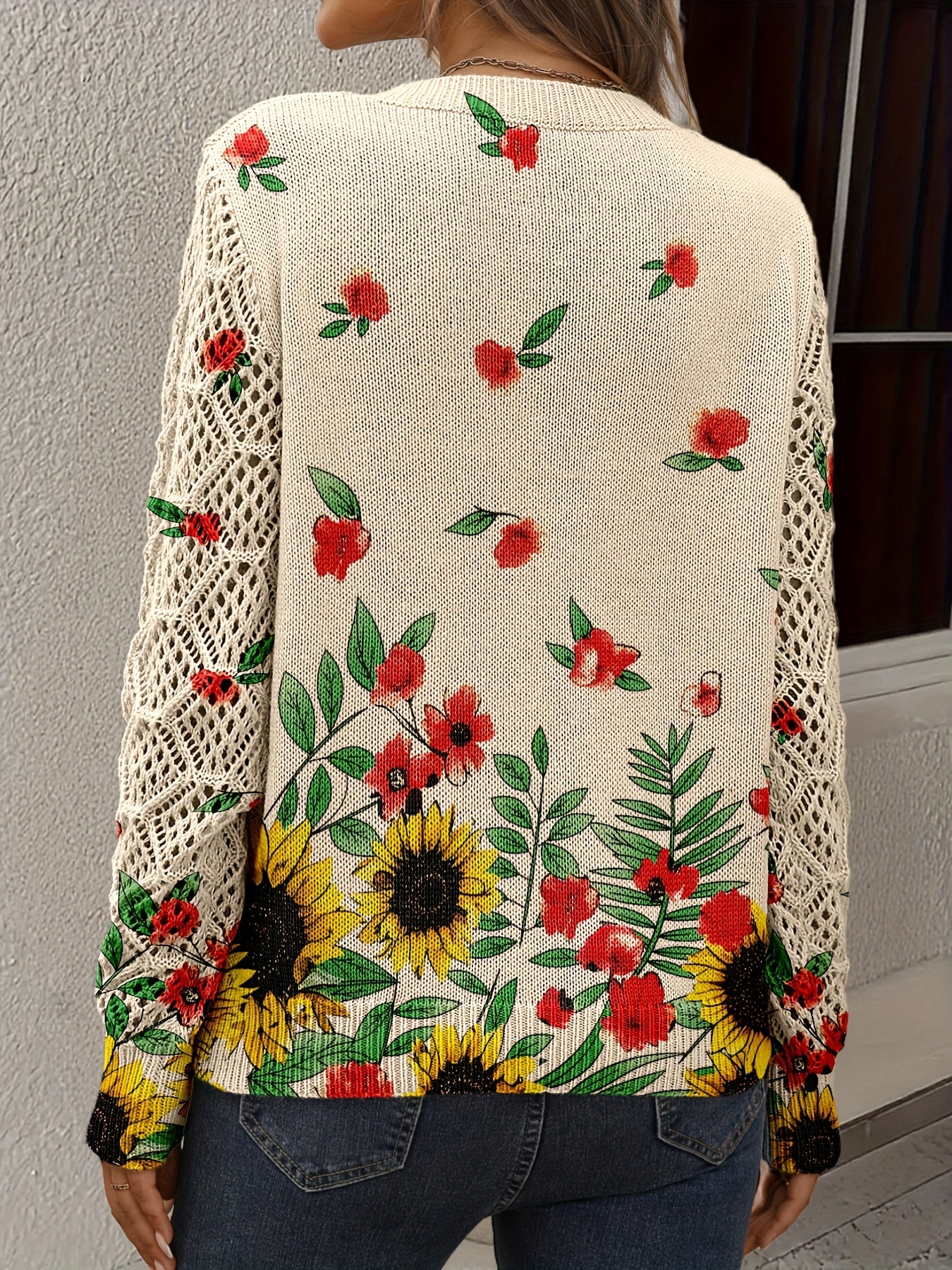 Clarissa | Golden Sunflower Bloom Crochet-Sleeve Sweater