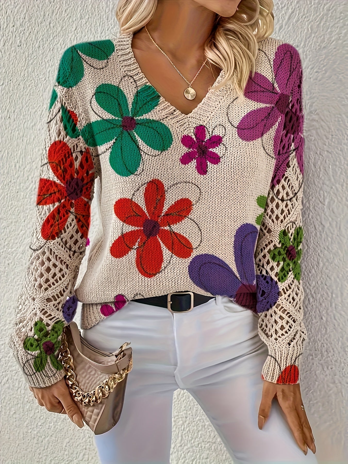 Elaine | Retro Petal Crochet-Sleeve Sweater
