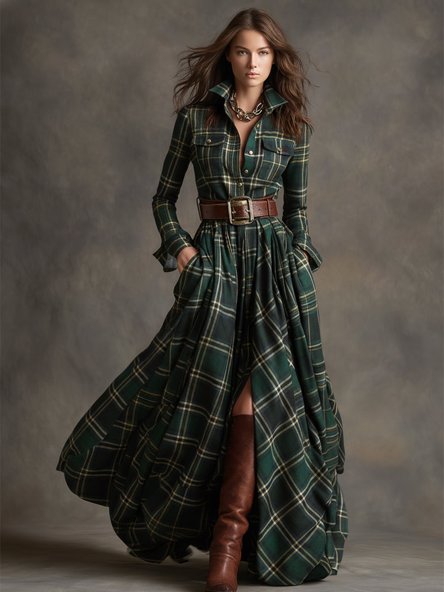 Genevieve | Highland Plaid Belted Maxi Dress