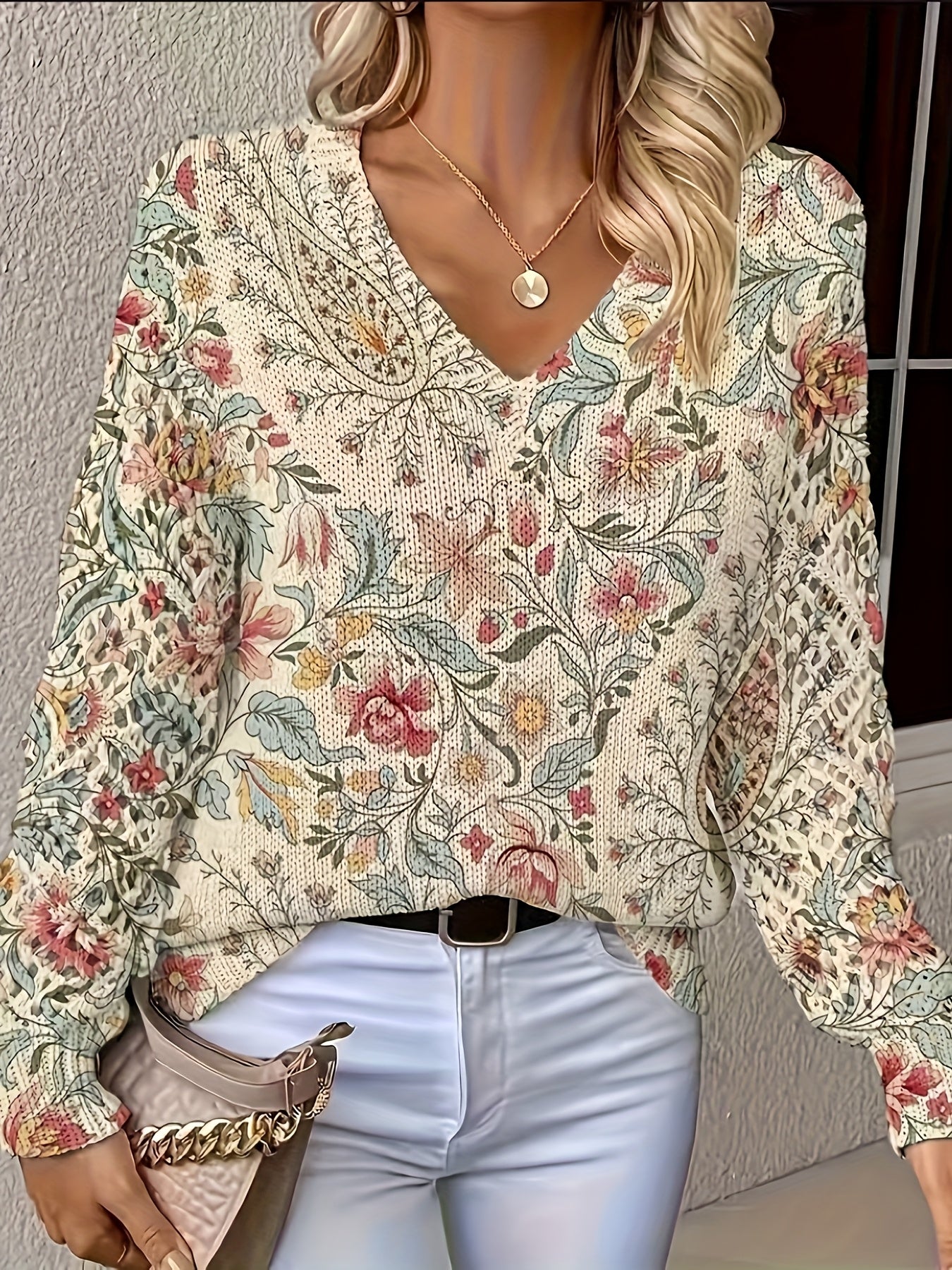 Maribel | Rustic Garden Whispers Crochet-Sleeve Sweater