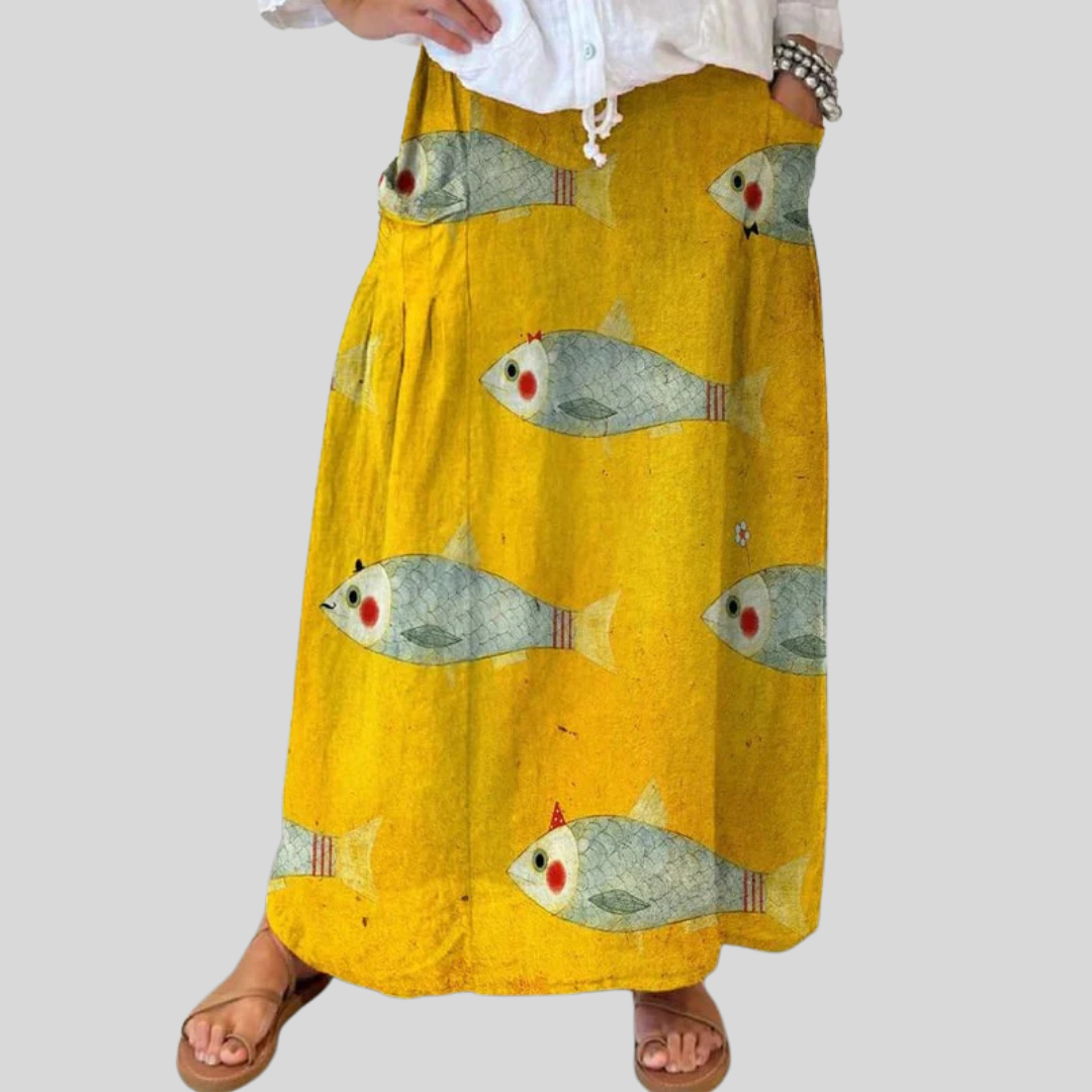 Deborah | Golden Whimsy Fish-Print Maxi Skirt