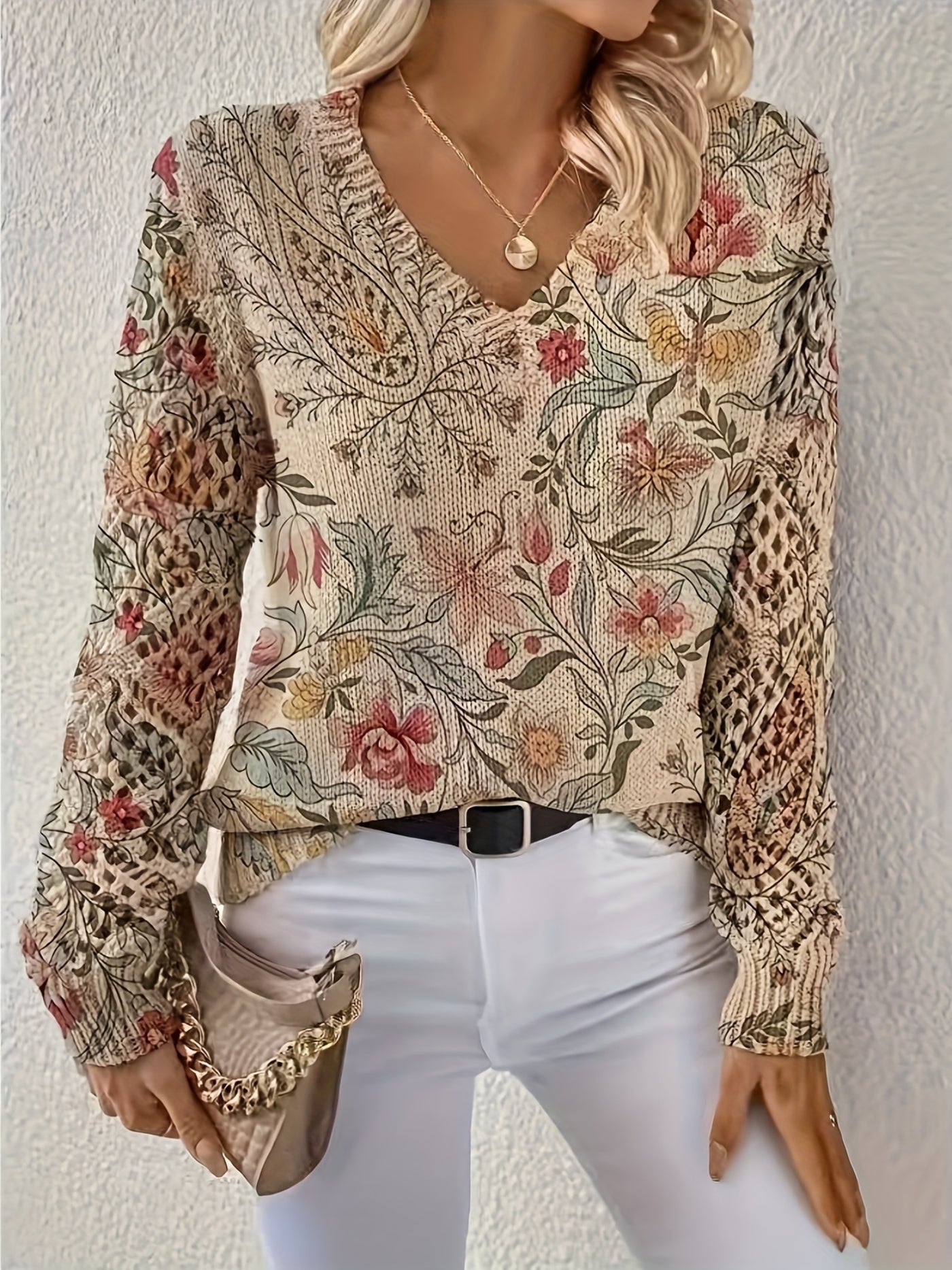 Maribel | Rustic Garden Whispers Crochet-Sleeve Sweater