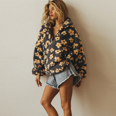 Daisy | Cozy Floral Fleece Zip-Up Pullover