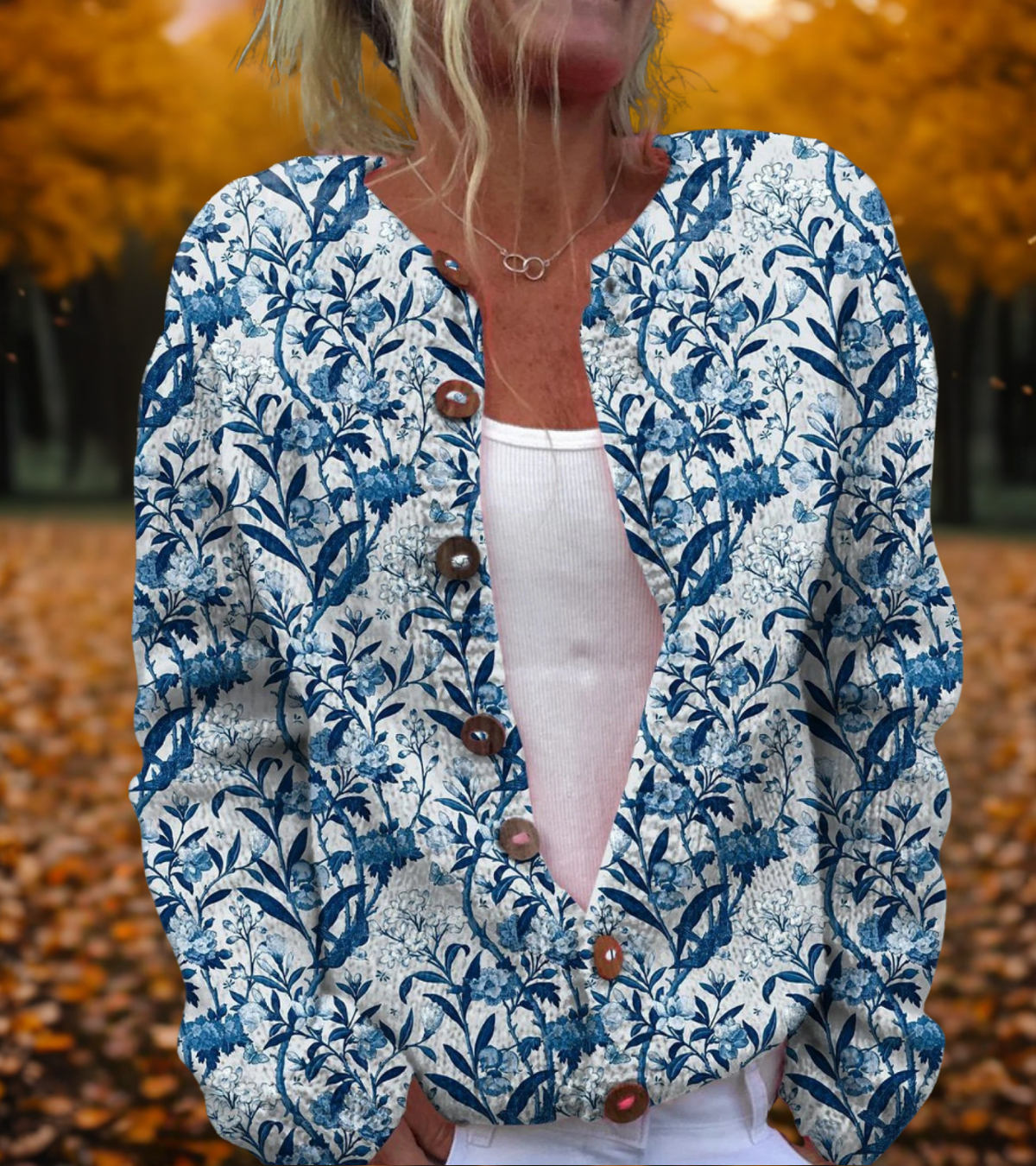Harper | Blue Botanical Knit Cardigan