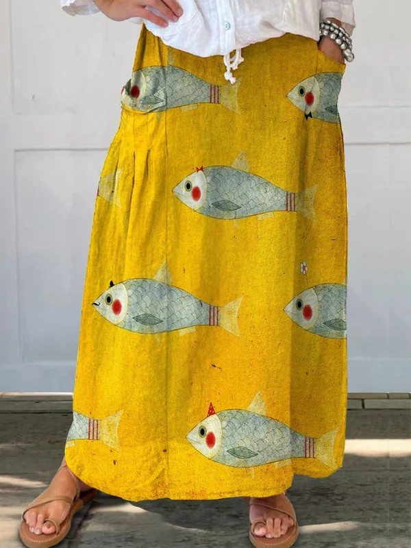 Deborah | Golden Whimsy Fish-Print Maxi Skirt