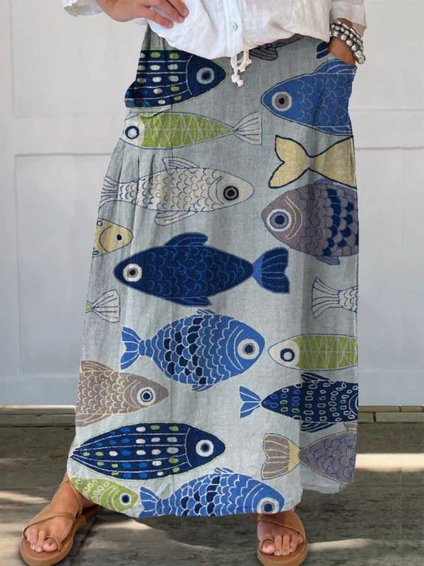 Nora | Ocean Breeze Blue Fish-Print Maxi Skirt