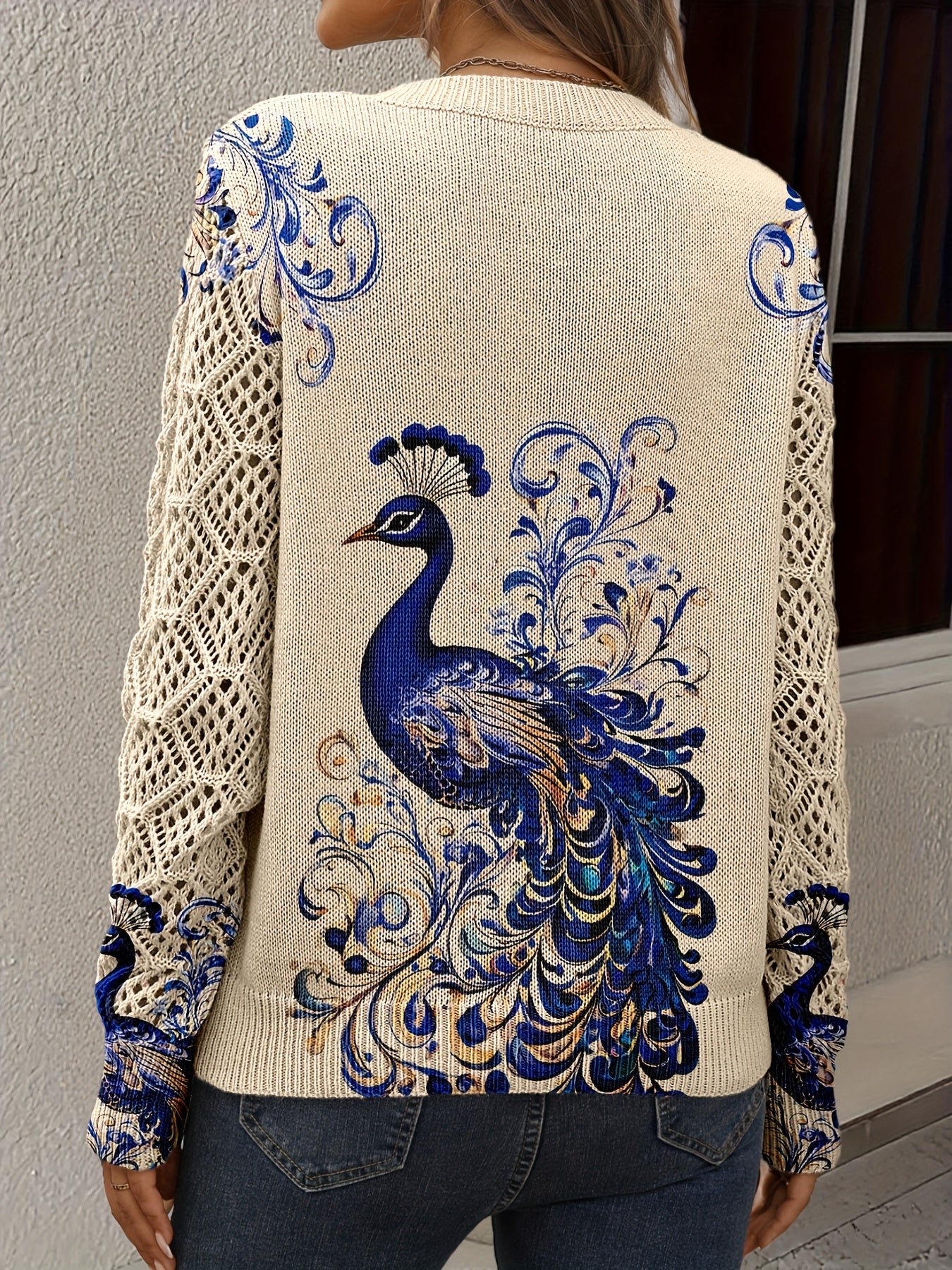 Diane | Graceful Peacock Elegance Crochet-Sleeve Sweater