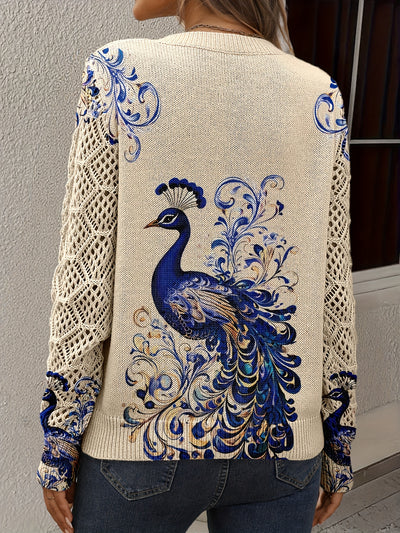 Diane | Graceful Peacock Elegance Crochet-Sleeve Sweater