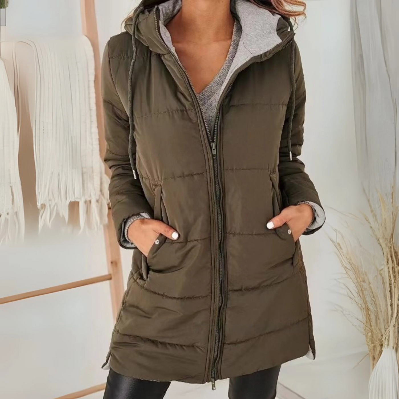 Sophia | Warm Quilted Mid-Length Hooded Coat